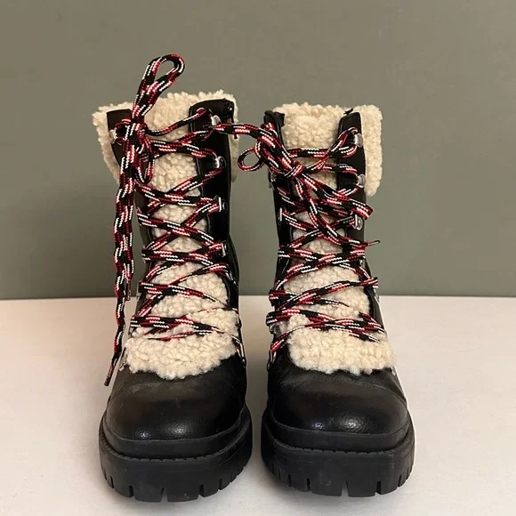 Women’s Faux-Shearling Lace-Up Block Heel Boots - Black - Picture 3 of 4